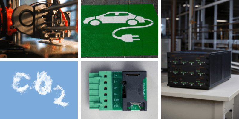 Picture grid feature 3d printer, electric vehicle charging space, clouds forming the word CO2, Arbin 3E coin cell, and Arbin MSTAT battery test equipment.