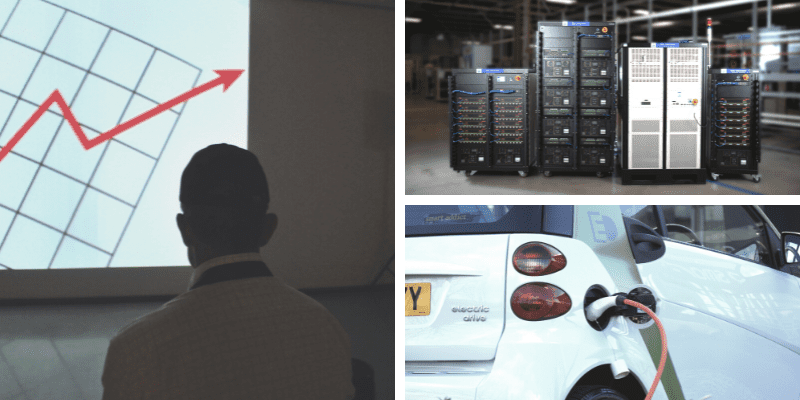 Collage of three images: Man looks at a graph with an upward arrow, the Arbin Instruments family of battery test equipment, an electric vehicle plugged in for charging.