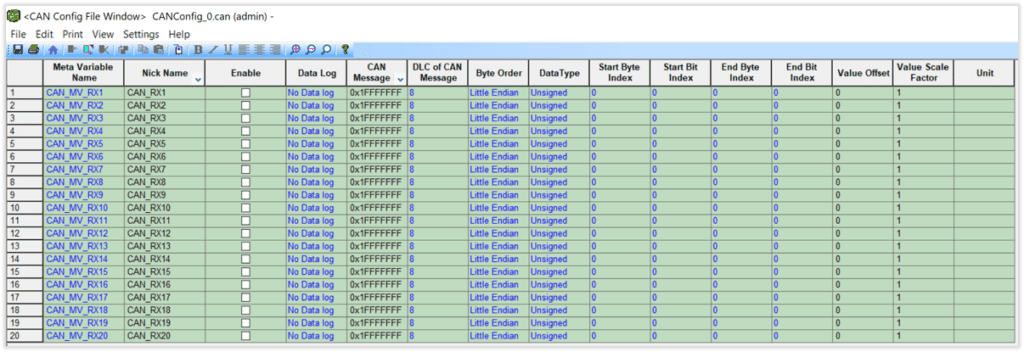 导入和定制CAN配置协议 - 显示CAN配置数据的电子表格