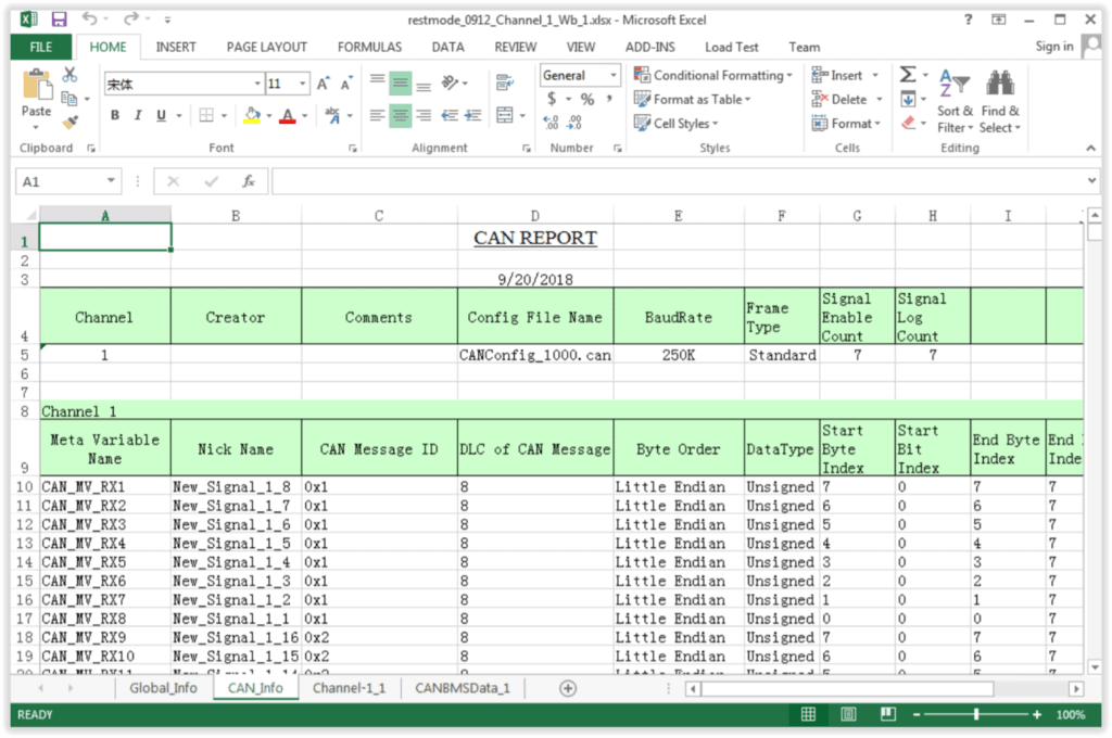 CAN Data Export - Software Screenshot showing Excel file of CAN Bus Data