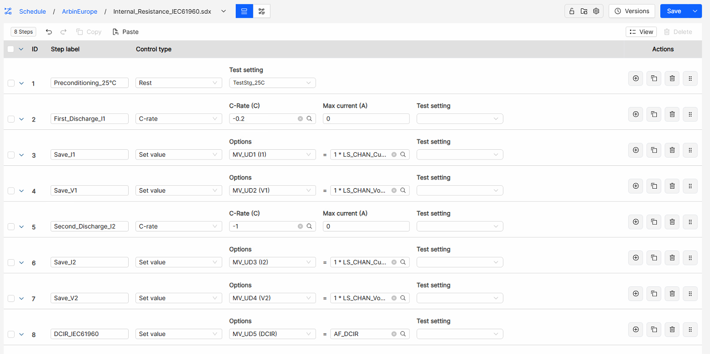 IEC 61960 DC internal resistance schedule programmed in the Arbin MITS test software