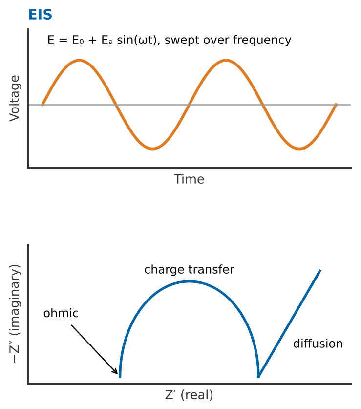 EIS sinusoidal excitation signal and the resulting Nyquist plot