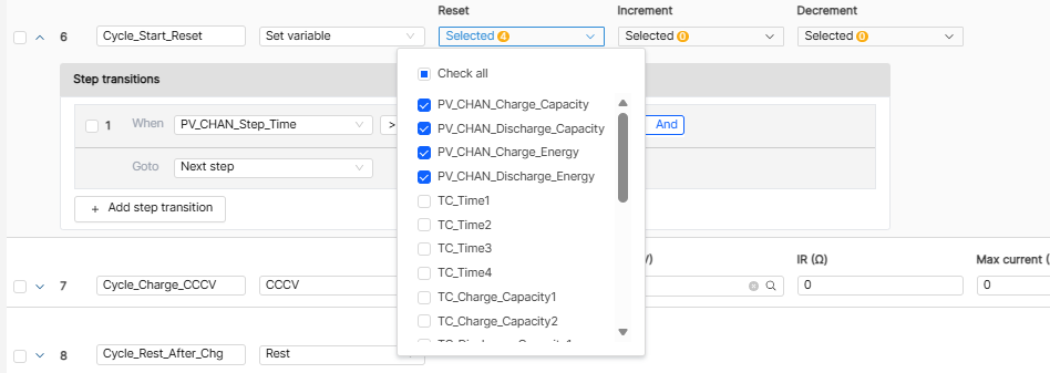 Cycle Start Reset step with capacity and energy counters selected for reset